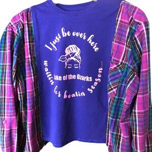 Upcycled Flannel Tee: Oversized Lake of the Ozarks Graphic T-Shirt, Size M-L